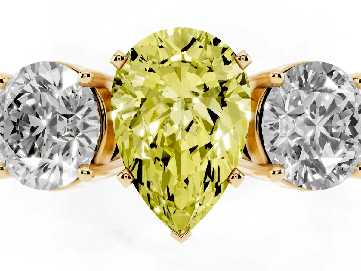 Fancy Yellow Three-Stone Pear Cut Diamond Ring with Round Side Stones, Classic Band, and Four-Prong Setting Yellow gold
