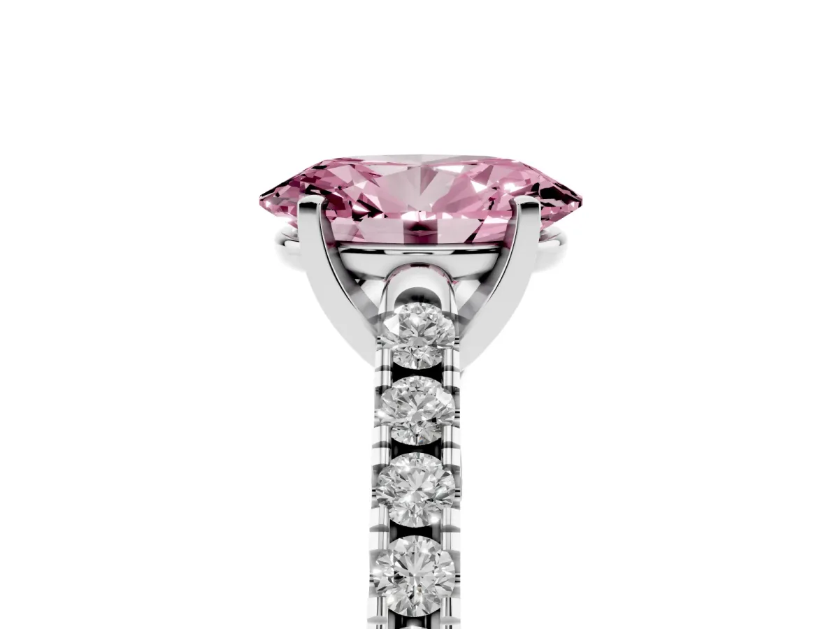 Fancy Pink Oval Cut Diamond Pavé Band Solitaire Ring with Prong Setting White gold