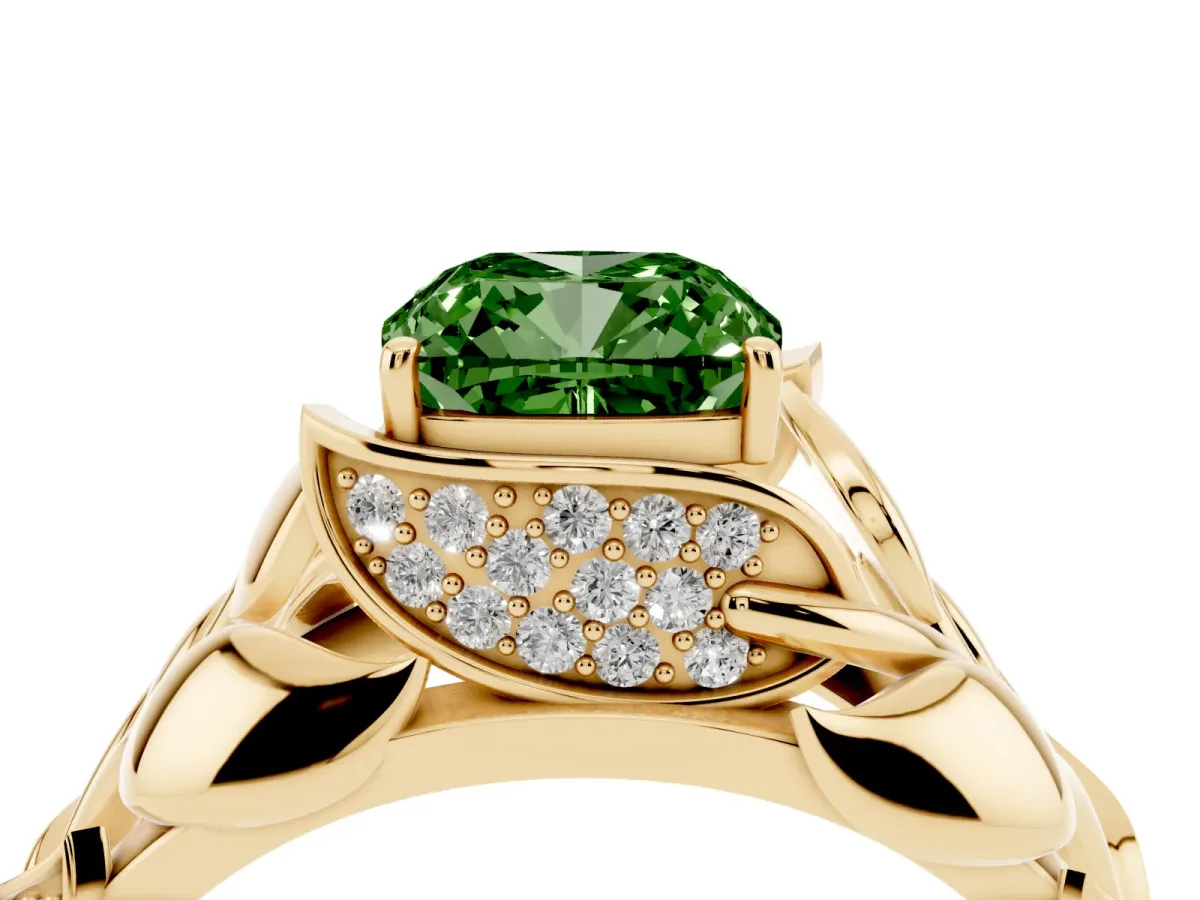 Fancy Green Cushion Cut Diamond Leaf-Inspired Engagement Ring with Round Accents and Prong Setting Yellow gold