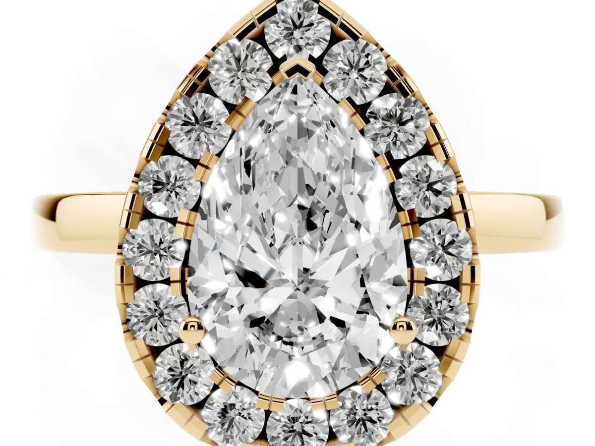 Pear Cut Halo Diamond Solitaire with Pavé Band and Four-Prong Setting Yellow gold