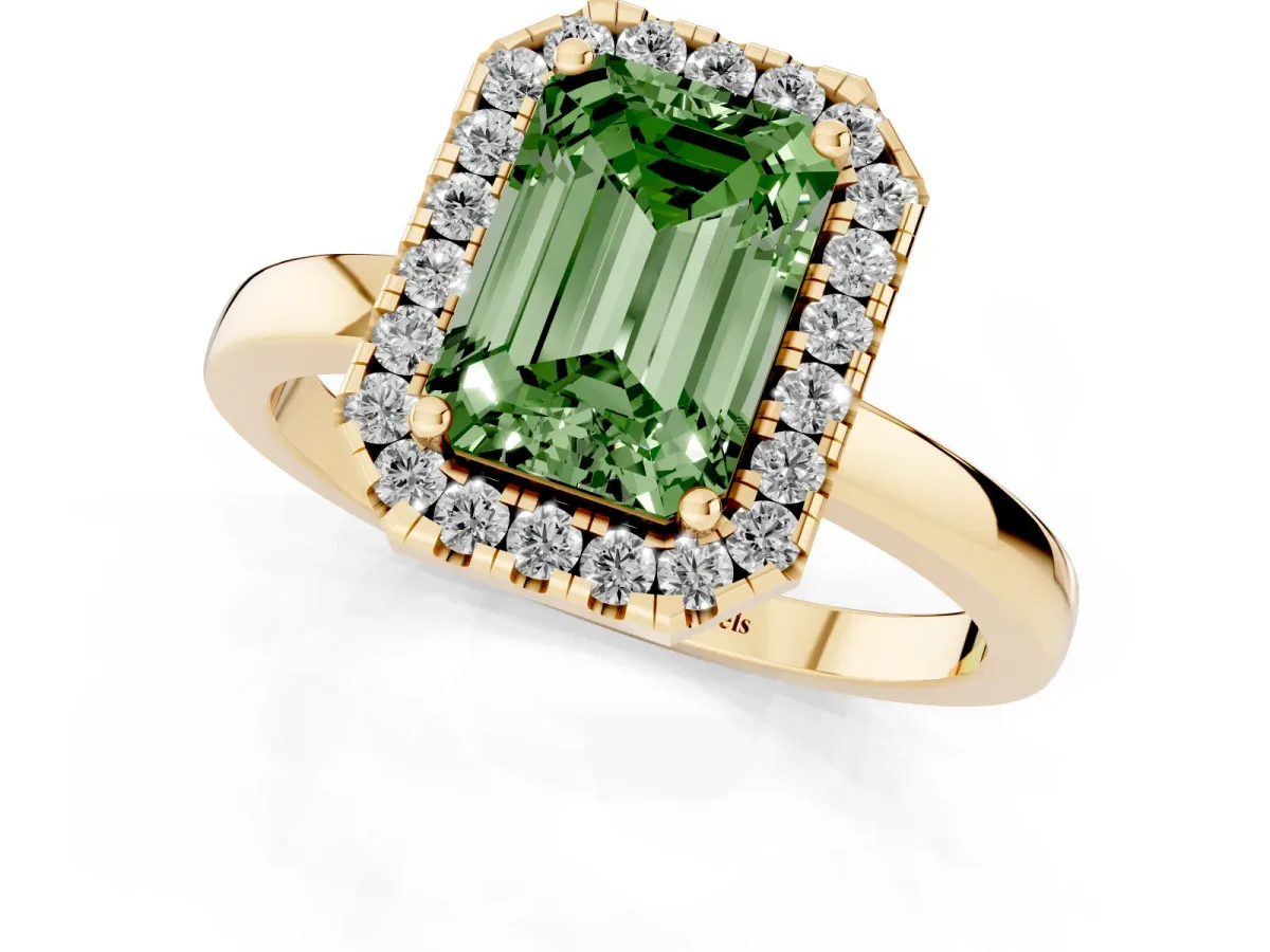 Fancy Green Emerald Cut Halo Diamond Solitaire with Pavé Band and Four-Prong Setting Yellow gold