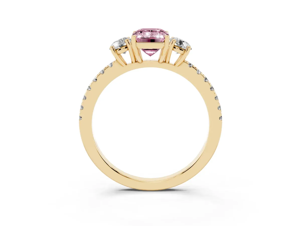Fancy Pink Three-Stone Emerald Cut Cut Diamond Pavé Band with Prong Setting Yellow gold