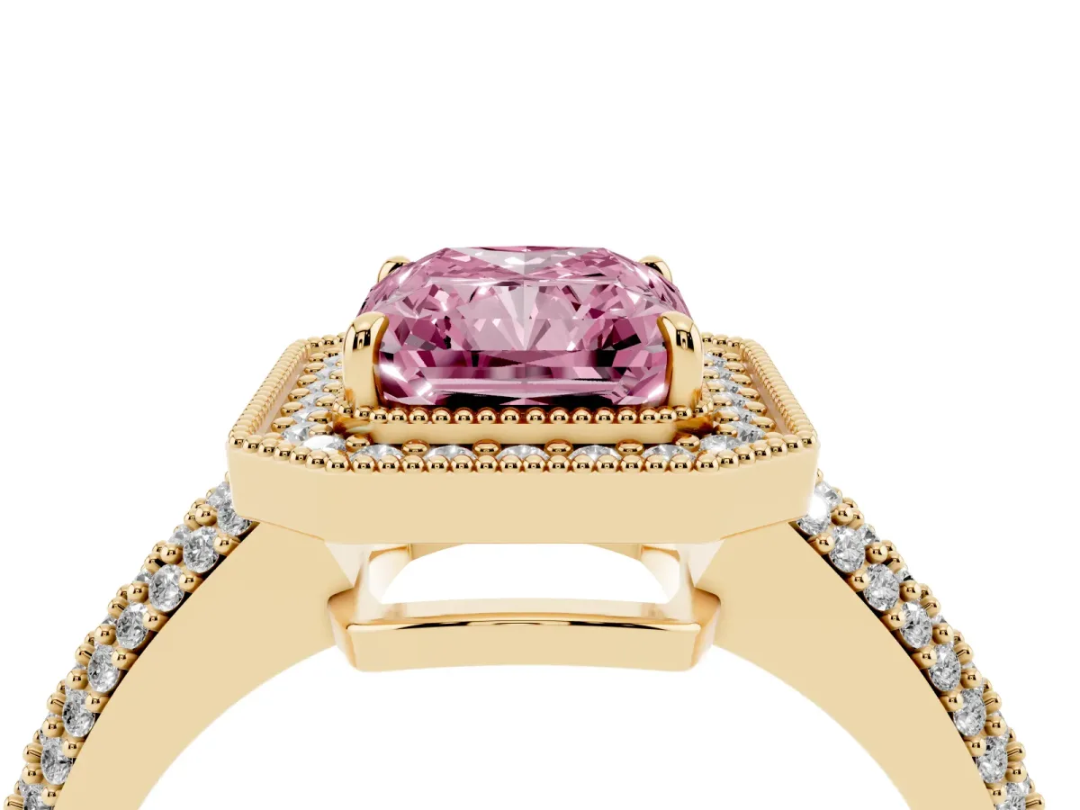 Fancy Pink Radiant Cut Cut Halo Diamond Pave Band with Four-Prong Setting Yellow gold
