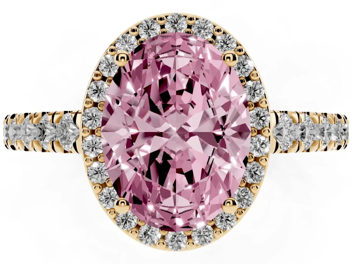 Fancy Pink Oval Cut Cut Halo Diamond Engagement Ring with Pave Band and Four-Prong Setting Yellow gold