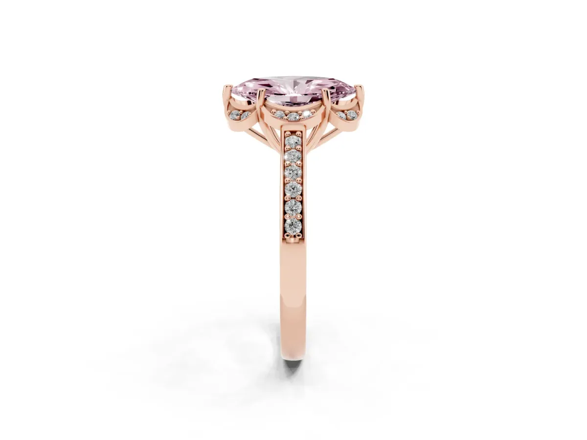 Fancy Pink Marquise Cut Cut Halo Diamond Ring with Channel Set Band and Four-Prong Setting Rose gold