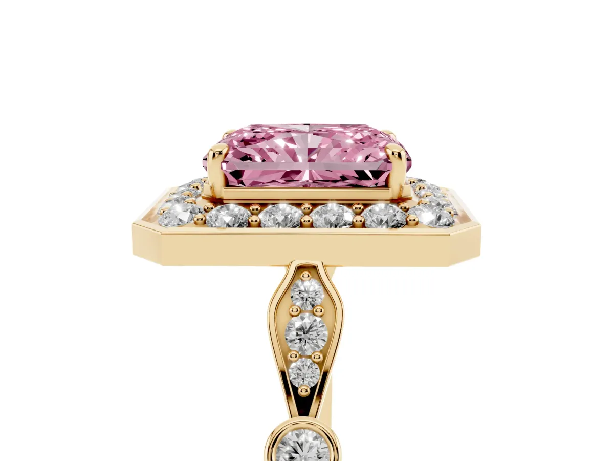 Fancy Pink Radiant Cut Halo Diamond Engagement Ring with Twisted Band and Four-Prong Setting Yellow gold