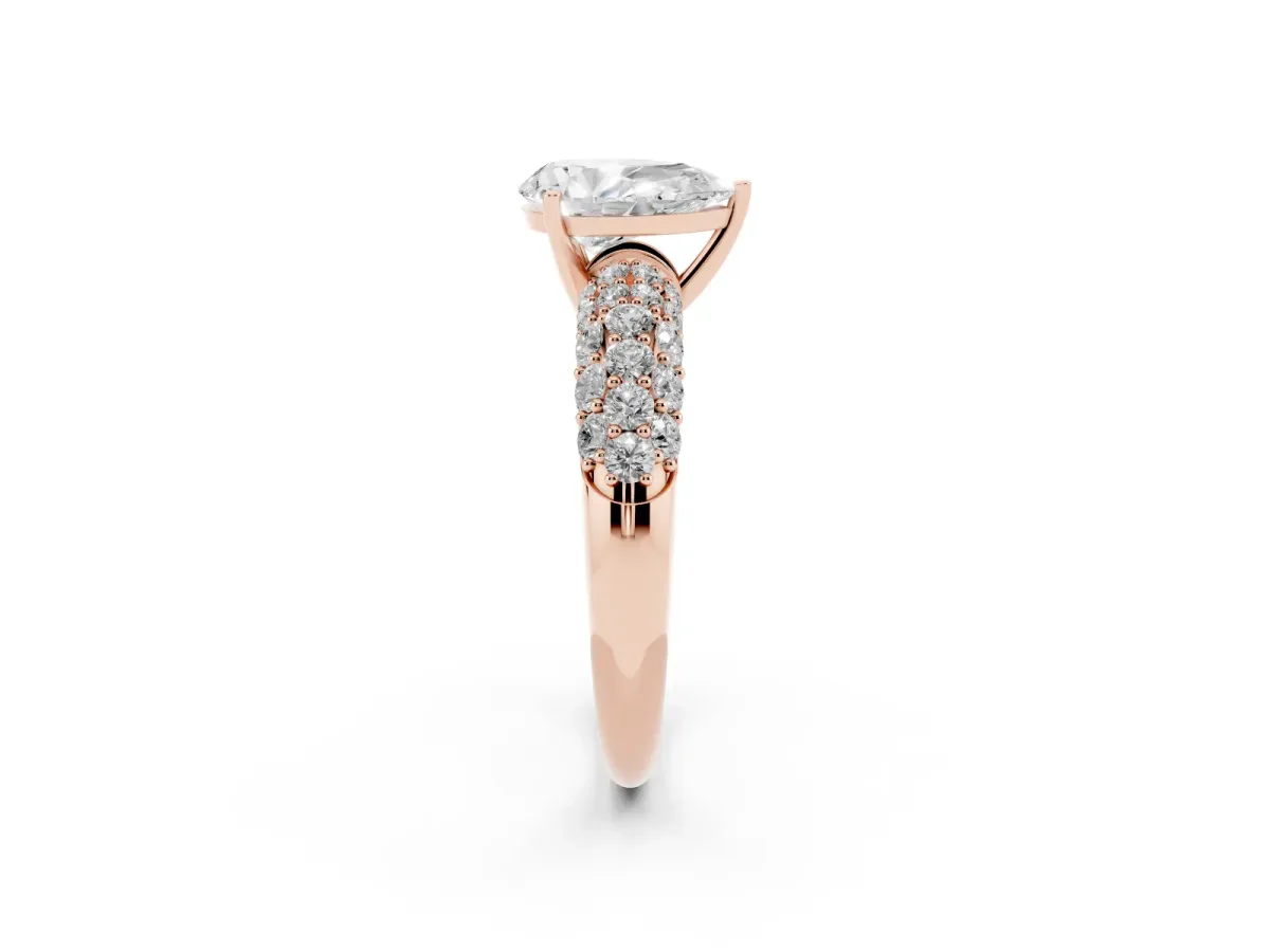 Pear Cut Diamond Pavé Band Solitaire Ring with Four-Prong Setting Rose gold