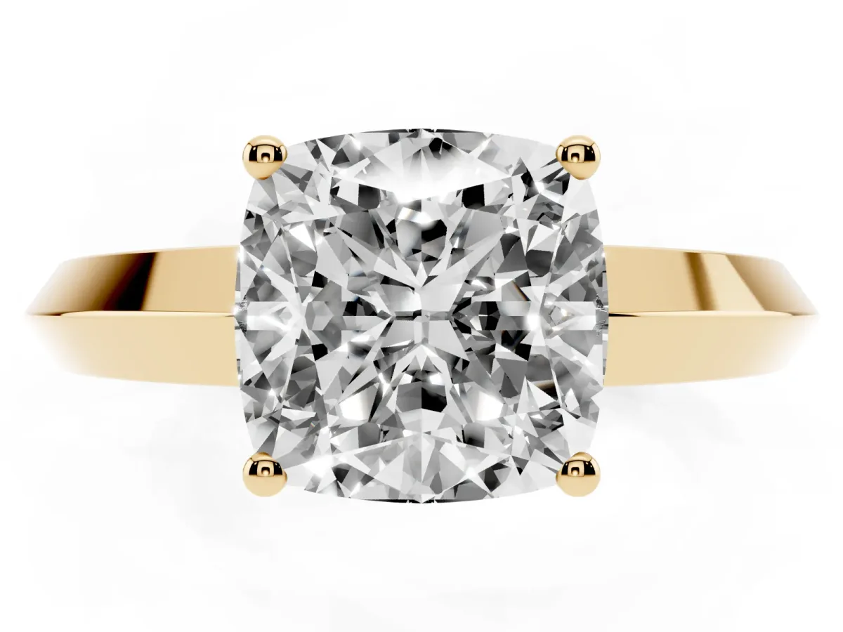 Cushion Cut Cut Solitaire Engagement Ring with Flat Band and Four-Prong Setting Yellow gold