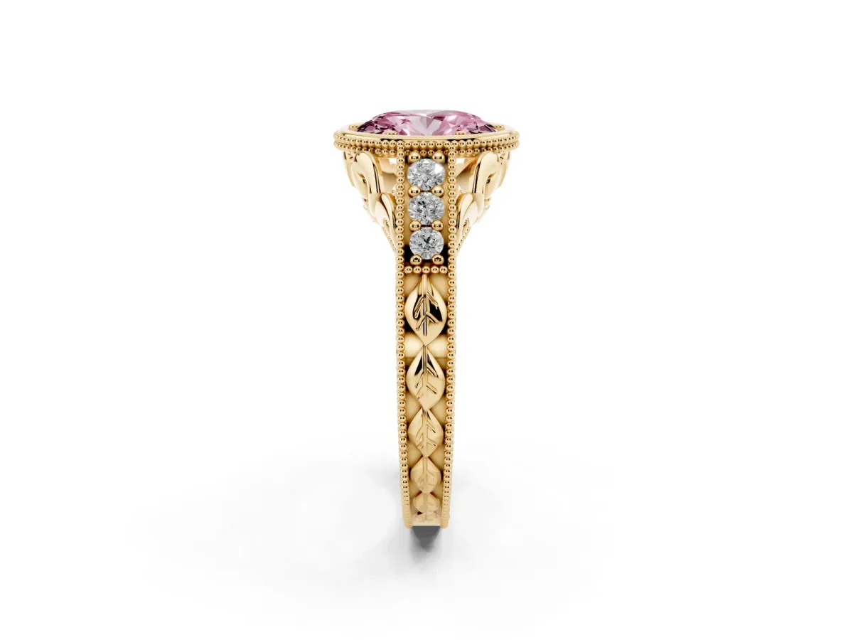 Fancy Pink Bezel Set Oval Cut Diamond Milgrain Pave Engagement Ring Yellow gold