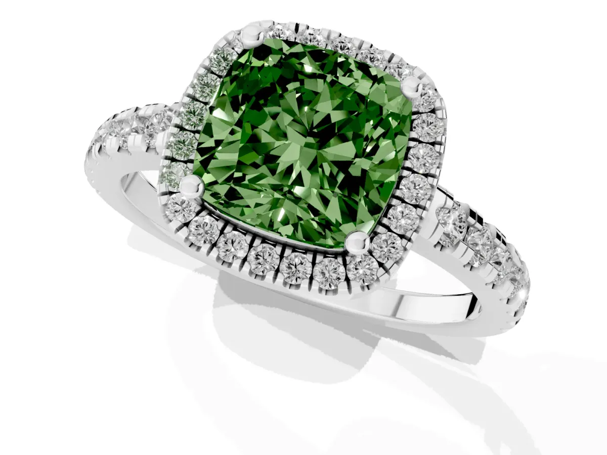 Fancy Green Cushion Cut Diamond Halo Ring with Pavé Band and Four-Prong Setting Platinum