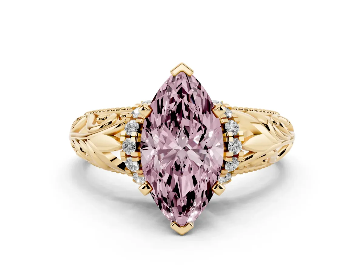 Fancy Pink Marquise Cut Solitaire Filigree Engagement Ring with Halo and Prong Setting Yellow gold