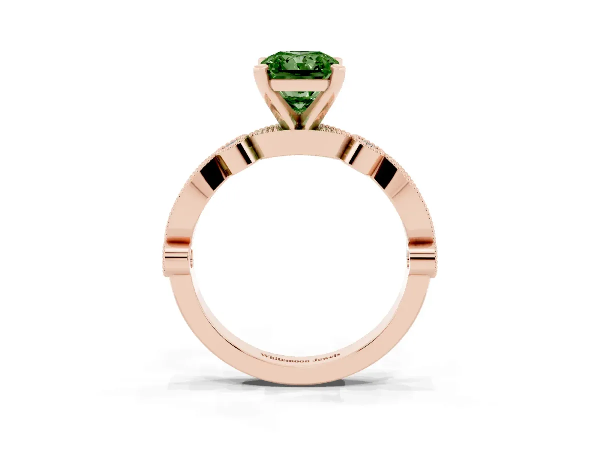 Fancy Green Radiant Cut Milgrain Bezel Diamond Engagement Ring with Solitaire Prong Setting Rose gold