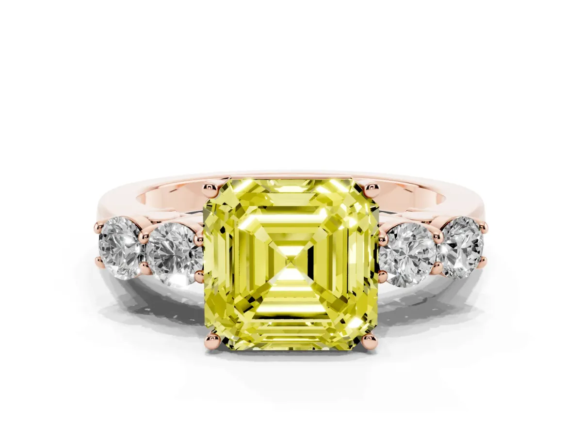 Fancy Yellow Asscher Cut Cut Diamond Five-Stone Prong Set White Gold Ring Rose gold