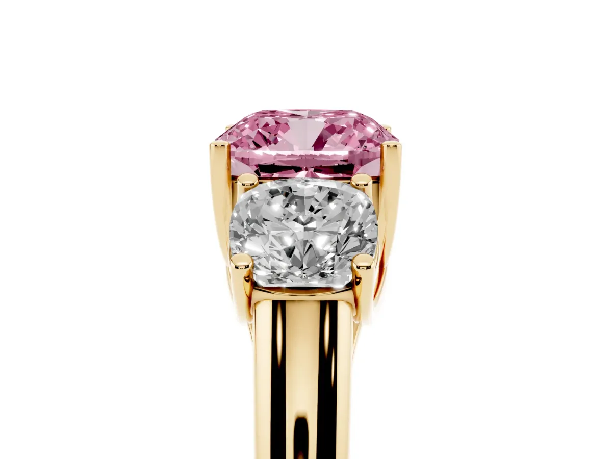 Fancy Pink Three-Stone Cushion Cut Diamond Engagement Ring with Prong Setting Yellow gold