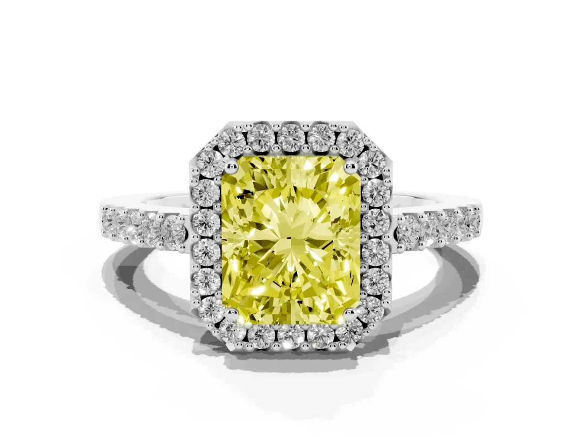 Fancy Yellow Radiant Cut Halo Diamond Pavé Solitaire Ring Platinum