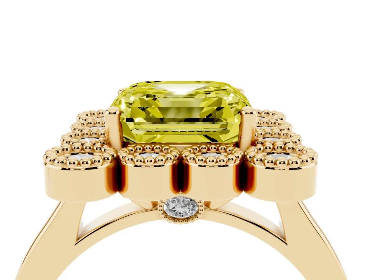 Fancy Yellow Asscher Cut Halo Diamond Cluster Engagement Ring with Milgrain Bezel Setting and Solitaire Band Yellow gold