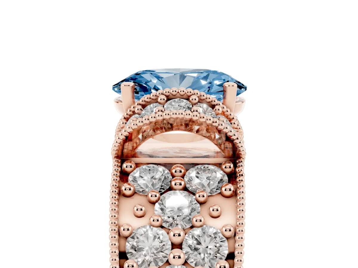 Fancy Blue Oval Cut Halo Pave Diamond Engagement Ring with Milgrain Detailing Rose gold