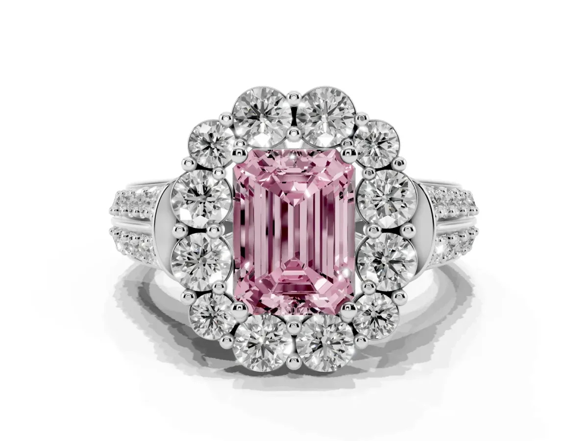 Fancy Pink Emerald Cut Halo Diamond Engagement Ring with Split Shank and Prong Setting Platinum