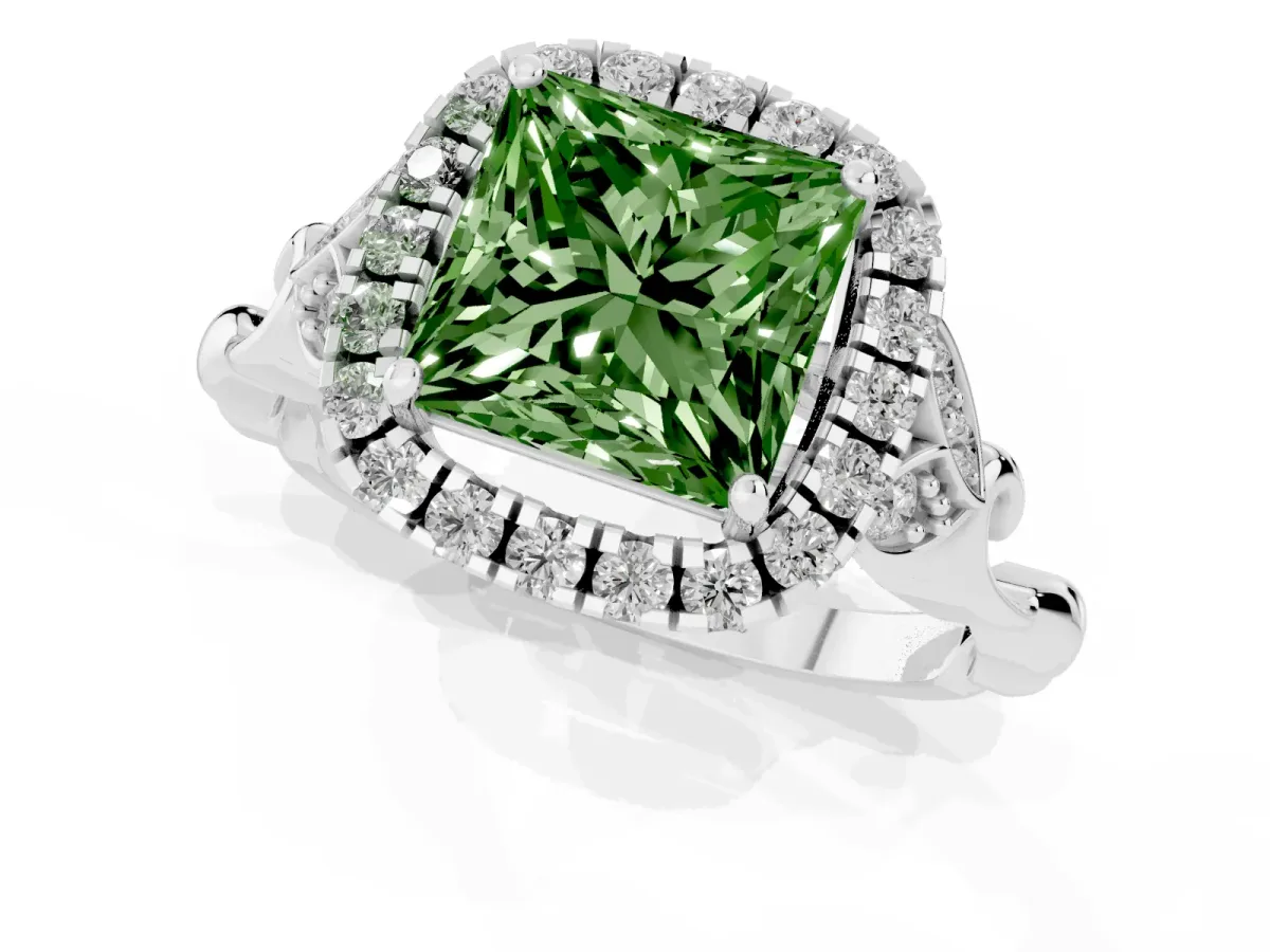 Fancy Green Princess Cut Halo Diamond Engagement Ring with Vintage-Inspired Band and Four-Prong Setting White gold