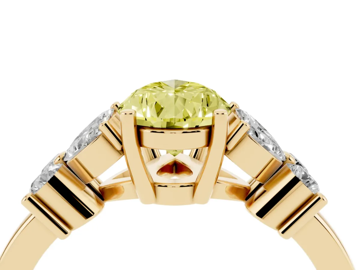 Fancy Yellow Pear Cut Diamond Floral Cluster Ring with Solitaire Band and Prong Setting Yellow gold