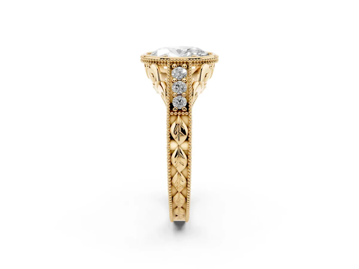Bezel Set Oval Cut Diamond Milgrain Pave Engagement Ring Yellow gold