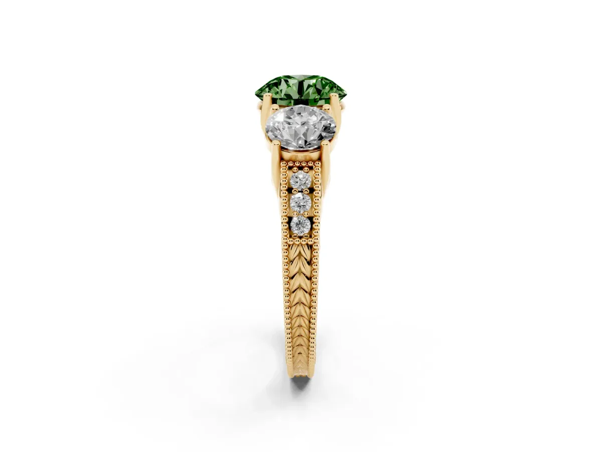 Fancy Green Three-Stone Round Cut Cut Milgrain Pavé Engagement Ring Yellow gold