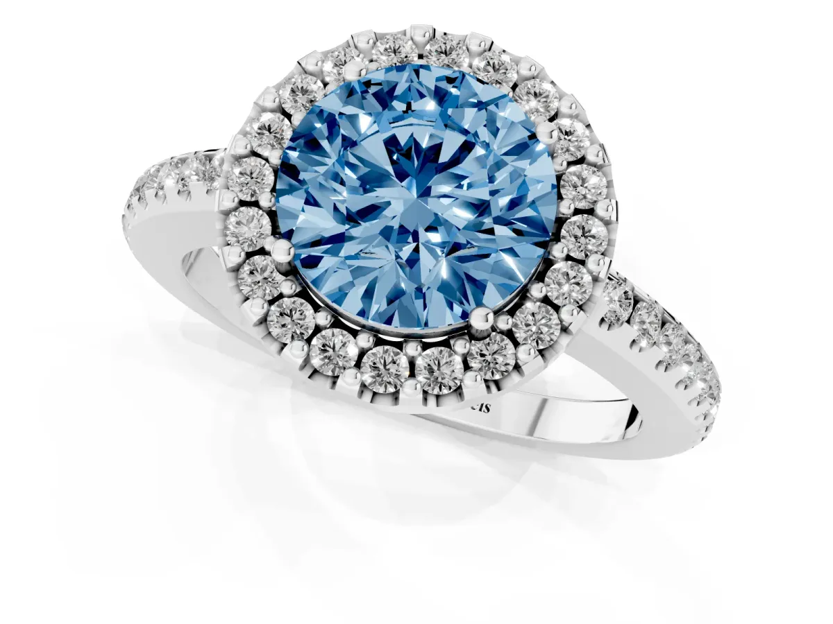Fancy Blue Round Cut Diamond Pavé Halo Ring with Four-Prong Setting Platinum