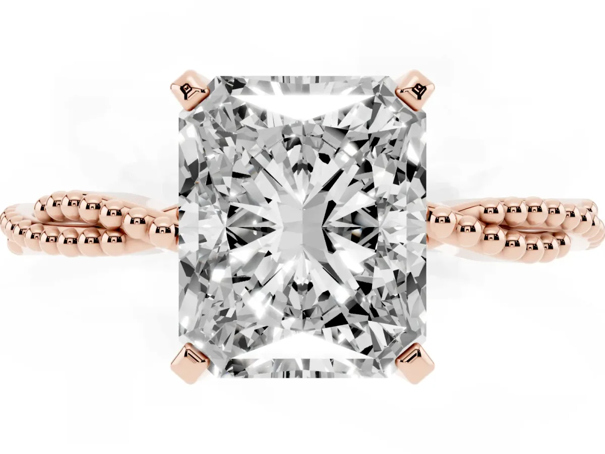 Radiant Cut Solitaire Twisted Band with Bead Prong Setting Rose gold