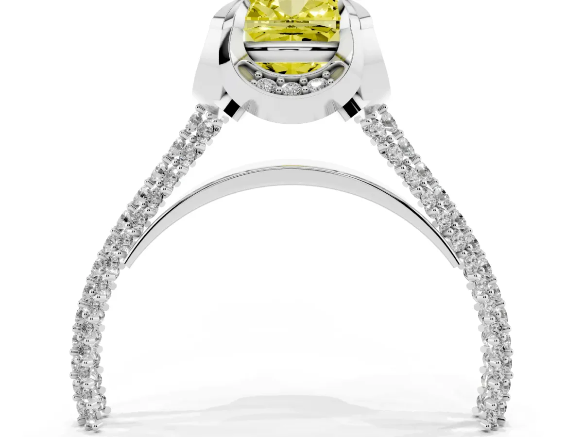 Fancy Yellow Cushion Cut Solitaire Pave Split Shank Ring with Four-Prong Setting Silver