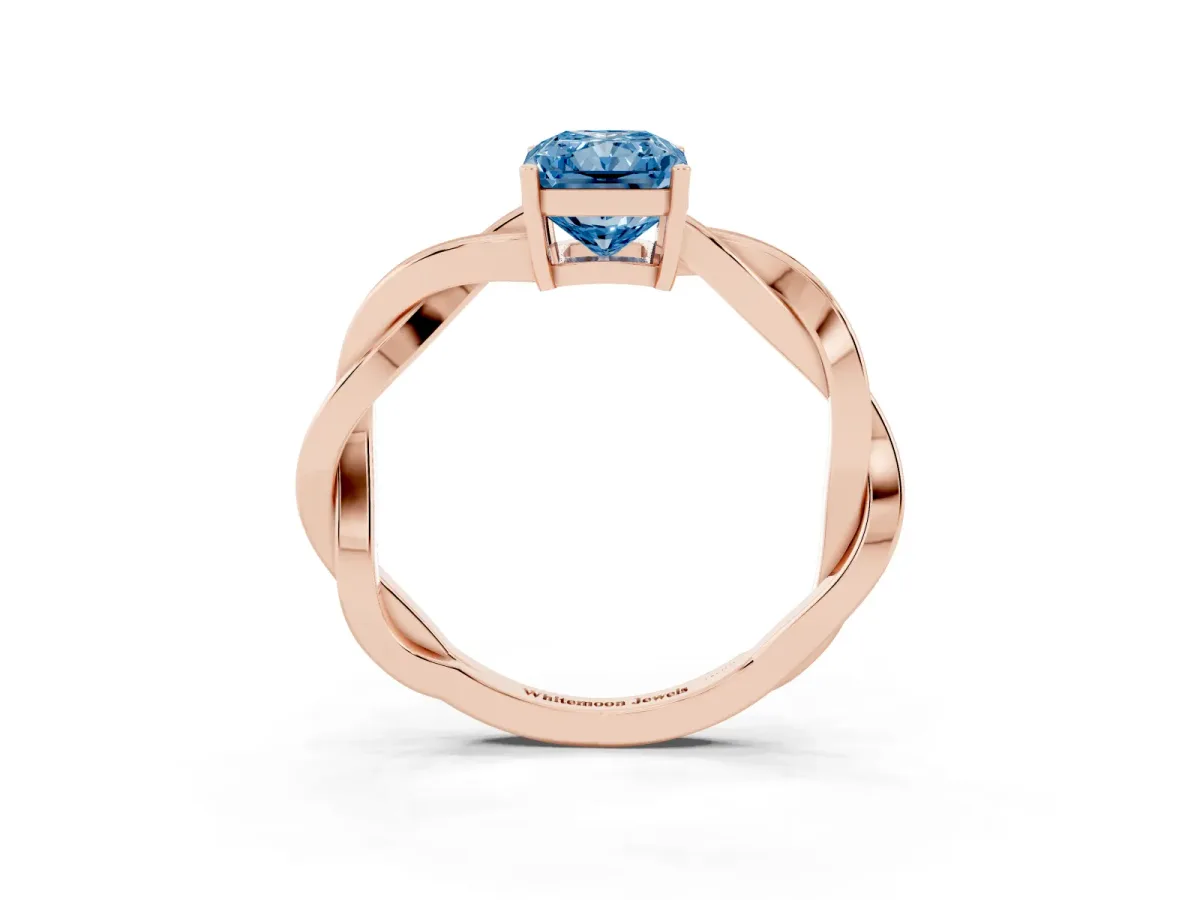 Fancy Blue Radiant Cut Solitaire Twisted Pave Diamond Ring with Four-Prong Setting Rose gold