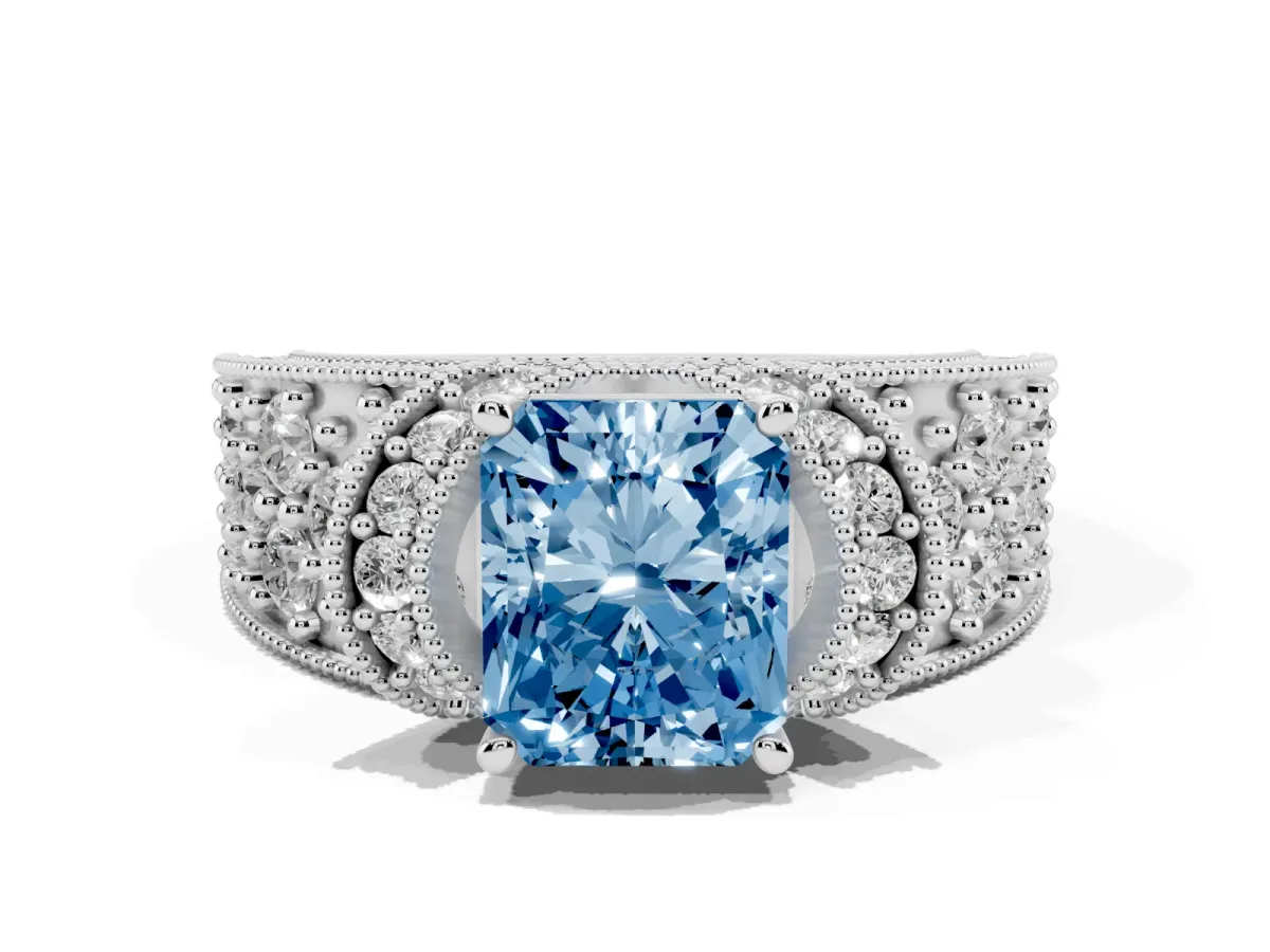 Fancy Blue Radiant Cut Halo Pave Diamond Engagement Ring with Milgrain Detailing Silver