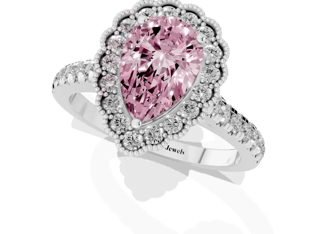 Fancy Pink Pear Cut Cut Diamond Milgrain Floral Halo Engagement Ring with Pavé Band Platinum