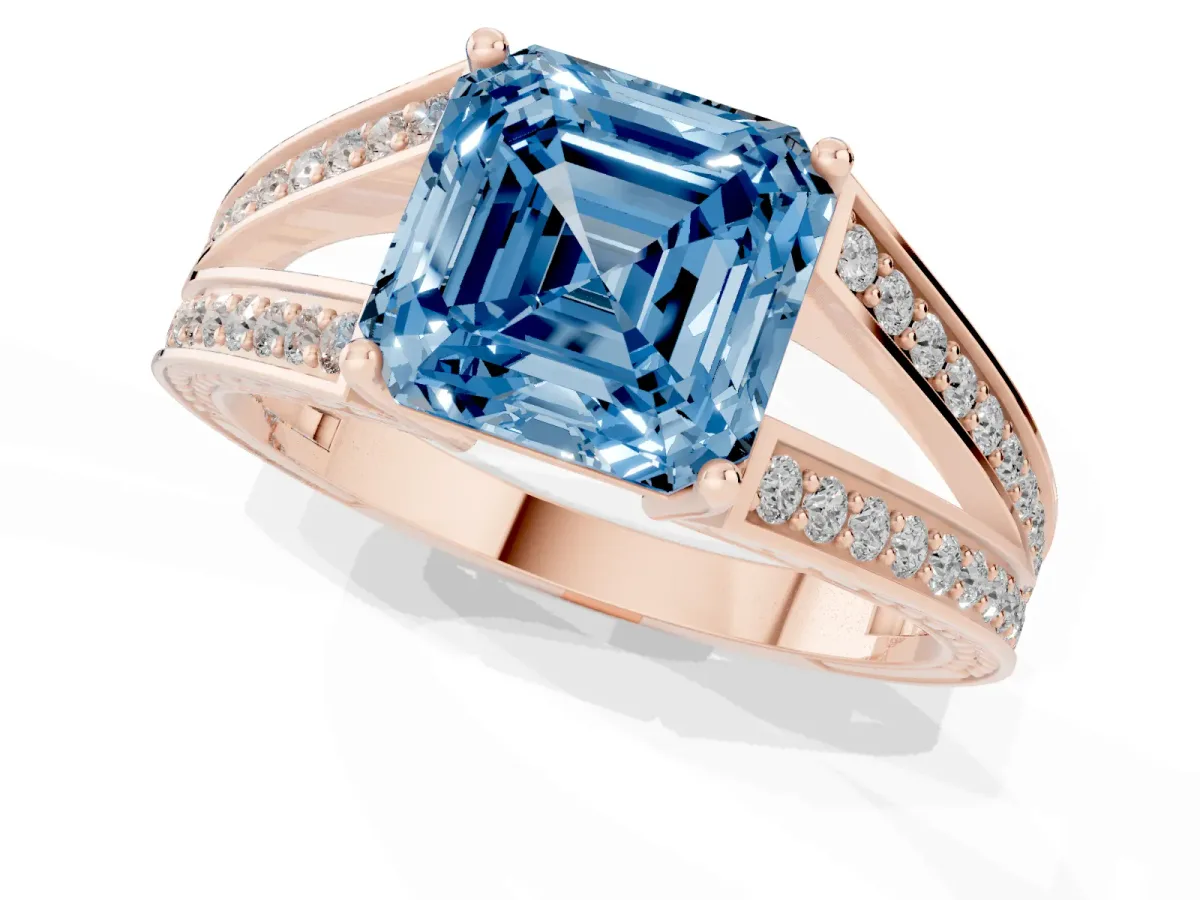 Fancy Blue Asscher Cut Diamond Split Shank Ring with Pavé Band and Four-Prong Setting Rose gold