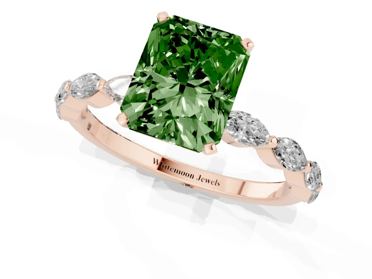 Fancy Green Radiant Cut Diamond Ring with Marquise Side Stones and Prong Setting Rose gold