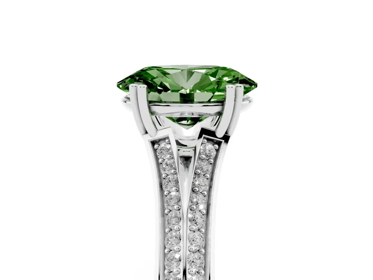 Fancy Green Oval Cut Diamond Split Shank Engagement Ring with Pavé Band Silver