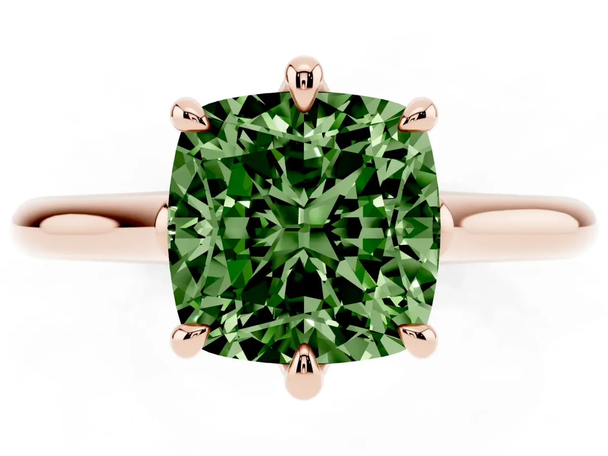 Fancy Green Cushion Cut Solitaire Engagement Ring with Six-Prong Setting and Classic Band Rose gold