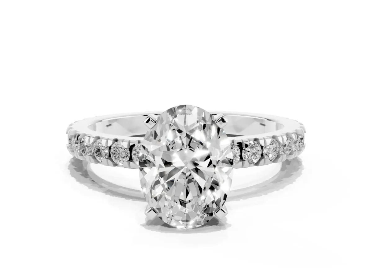 Oval Cut Diamond Pavé Band Solitaire with Four-Prong Setting Silver