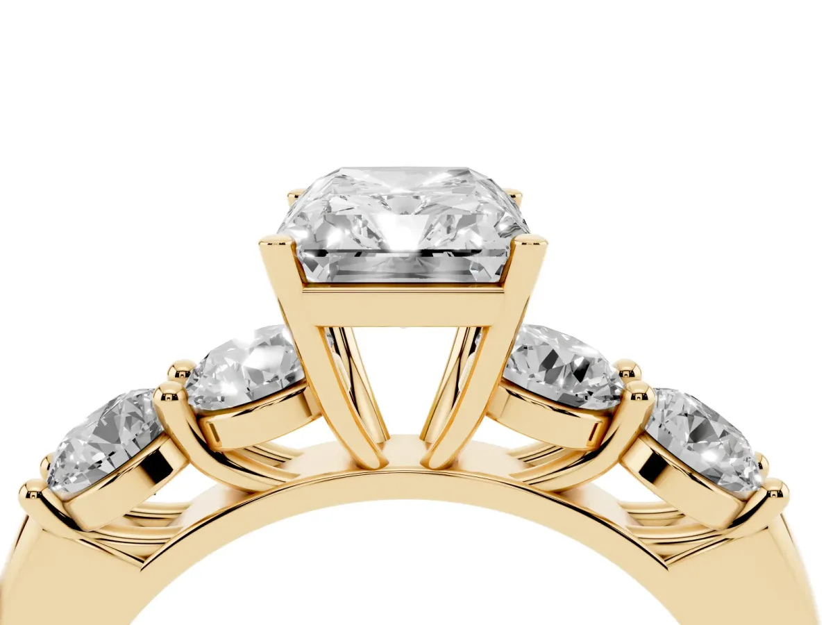 Radiant Cut Cut Five-Stone Prong Set Diamond Ring with Classic Band Yellow gold