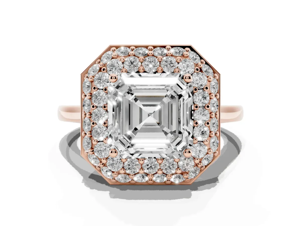 Asscher Cut Halo Diamond Engagement Ring with Solitaire Band and Four-Prong Setting Rose gold