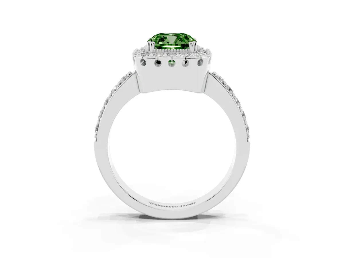 Fancy Green Cushion Cut Diamond Halo Ring with Pavé Band and Prong Setting Silver