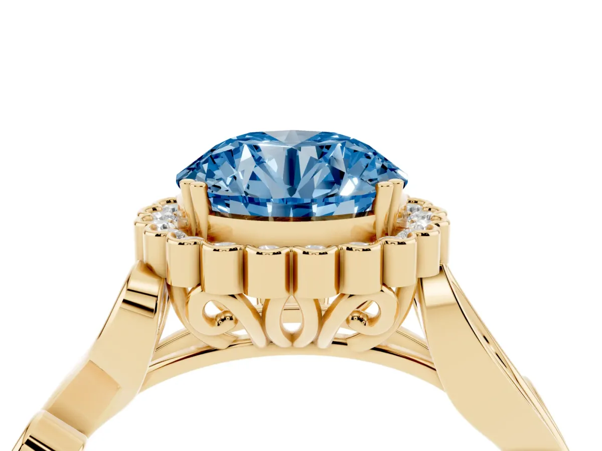 Fancy Blue Round Cut Diamond Halo Ring with Vintage Split Shank and Four-Prong Setting Yellow gold
