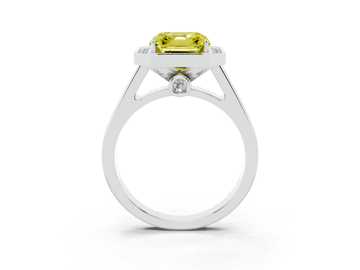 Fancy Yellow Asscher Cut Halo Solitaire Diamond Ring with Pave Band and Bezel Setting Silver
