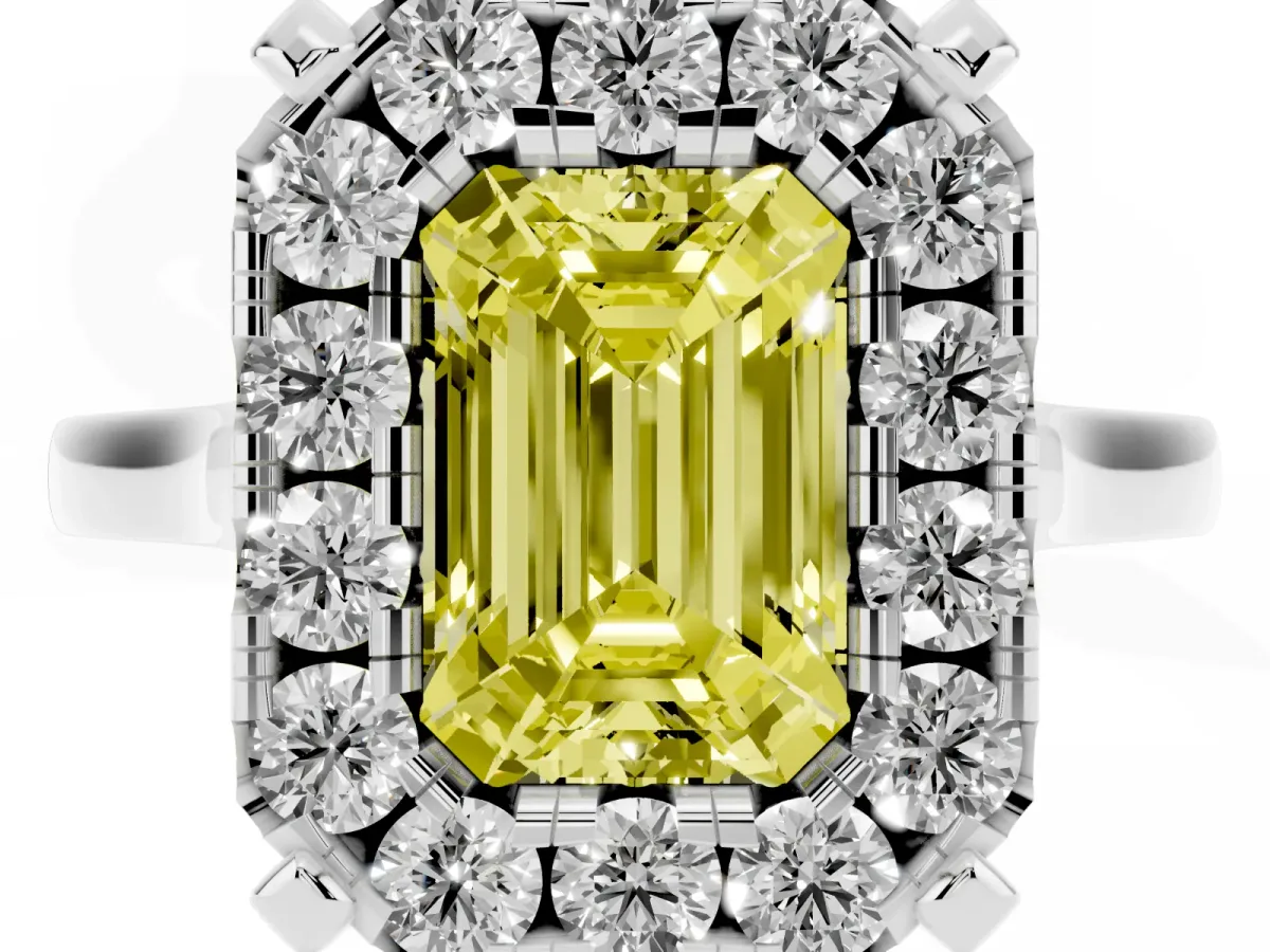 Fancy Yellow Emerald Cut Diamond Cluster Halo Solitaire with Four-Prong Setting Silver