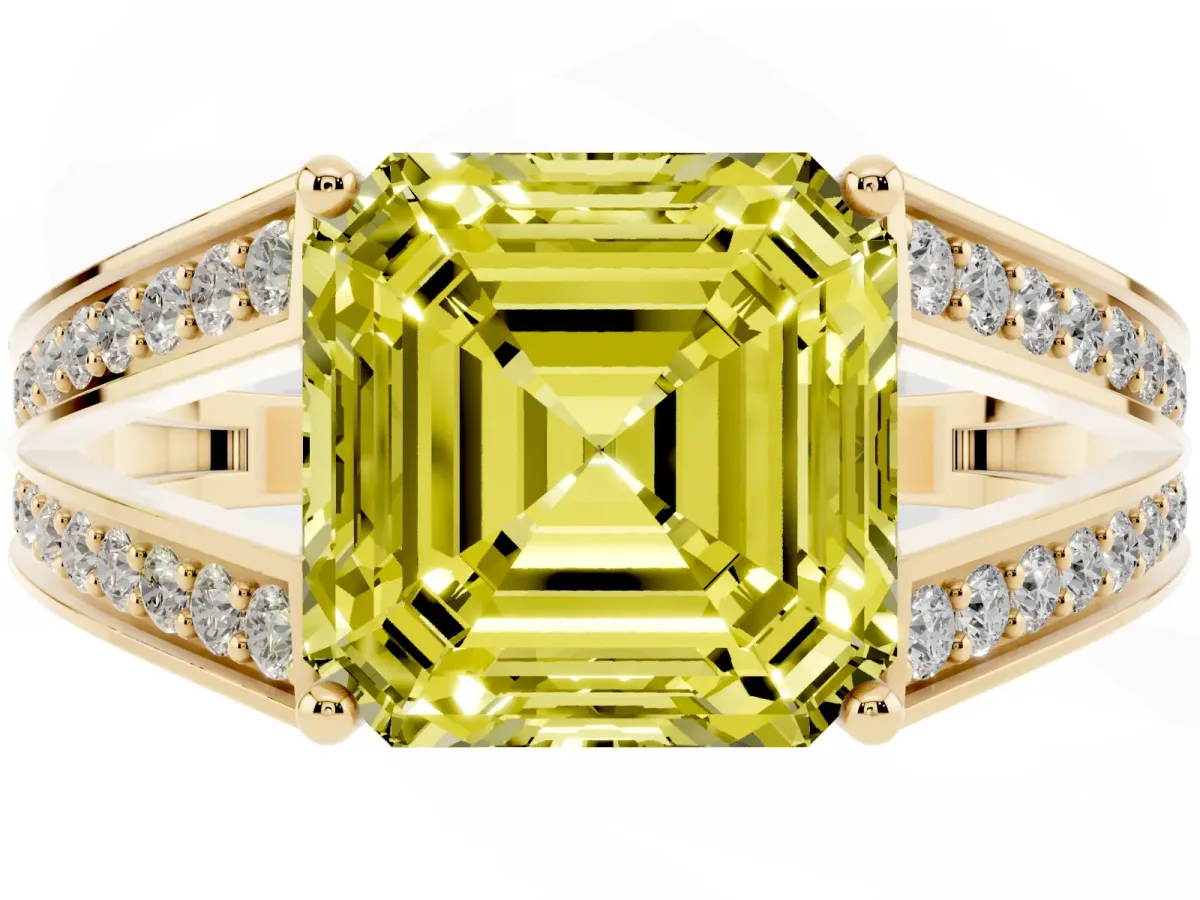 Fancy Yellow Asscher Cut Diamond Split Shank Ring with Pavé Band and Four-Prong Setting Yellow gold