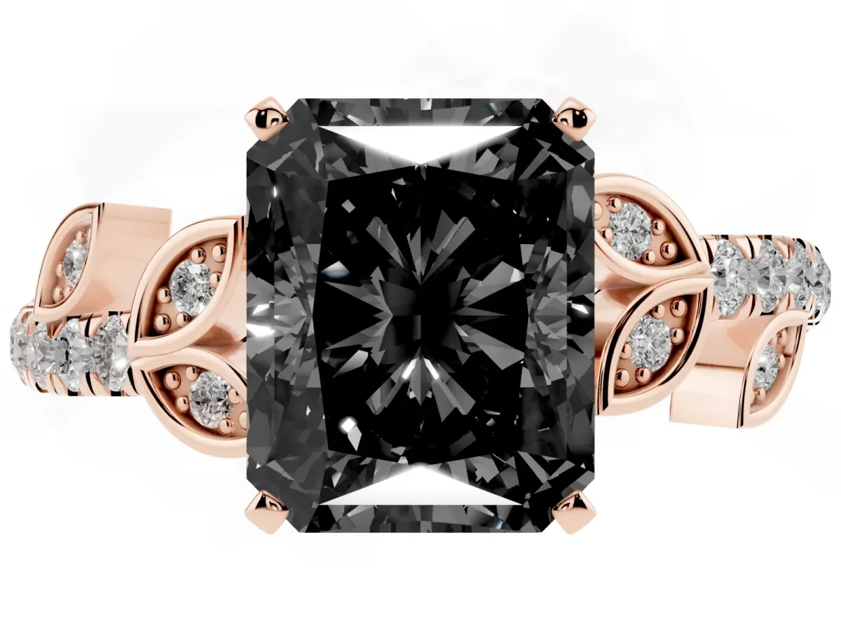 Fancy Black Radiant Cut Solitaire Leaf-Inspired Diamond Ring with Pavé Band and Four-Prong Setting Rose gold