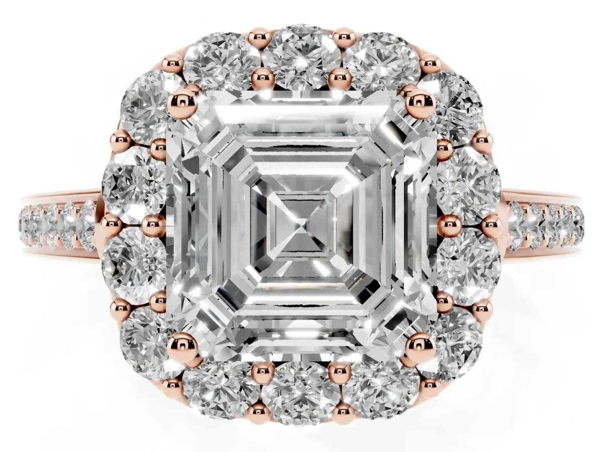 Asscher Cut Diamond Floral Halo Ring with Pavé Band and Prong Setting Rose gold