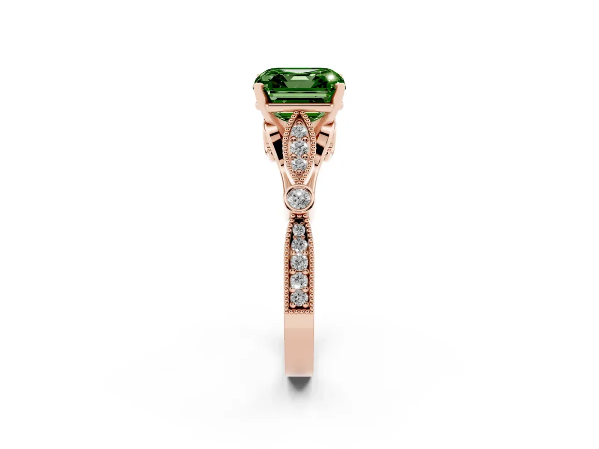 Fancy Green Asscher Cut Cut Diamond with Milgrain Marquise and Bezel Accents on a Solitaire Band with Prong Setting Rose gold