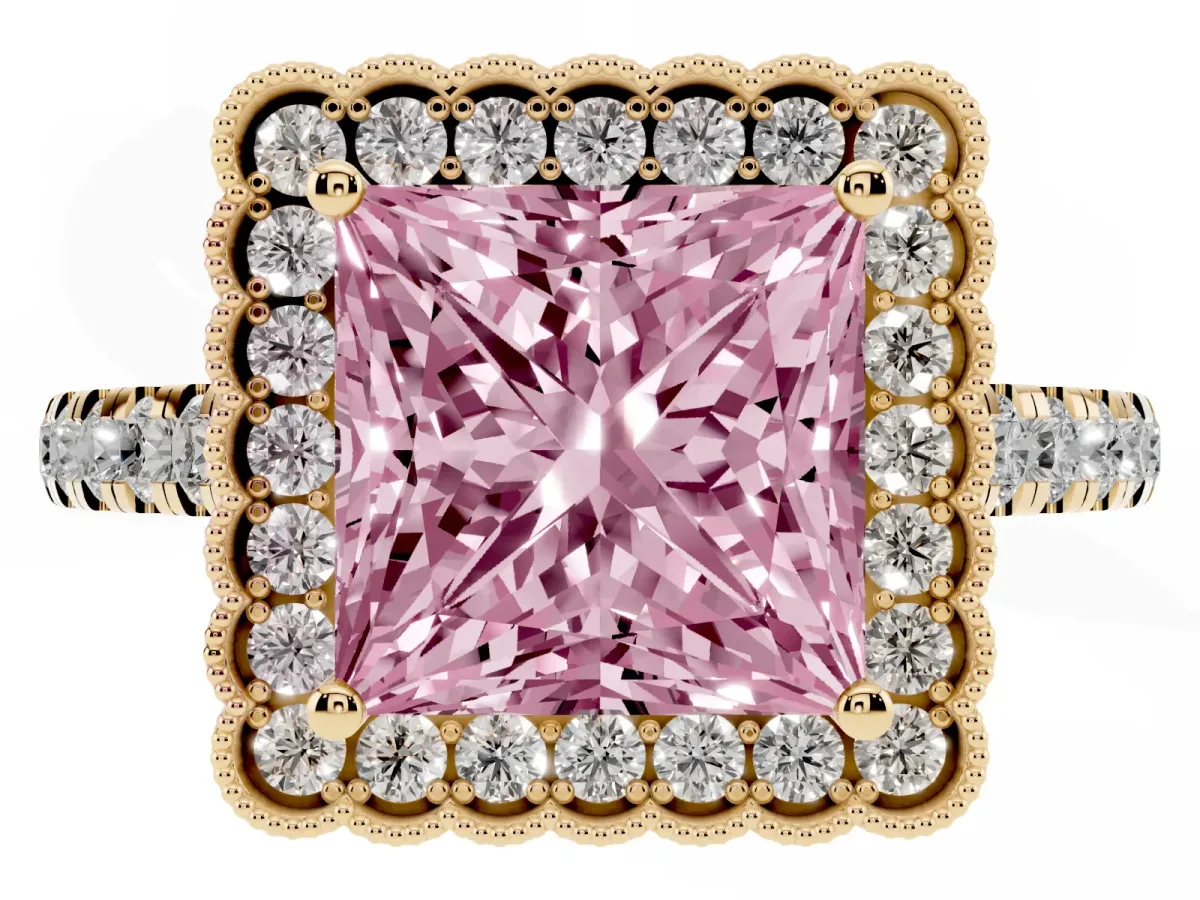 Fancy Pink Princess Cut Cut Diamond Milgrain Floral Halo Engagement Ring with Pavé Band Yellow gold