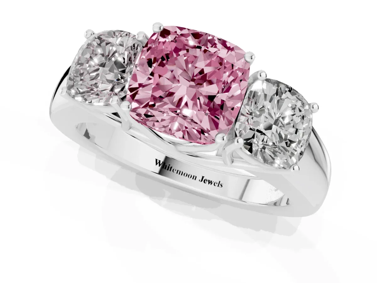 Fancy Pink Three-Stone Cushion Cut Cut Diamond Ring with Prong Setting and Classic Band Platinum