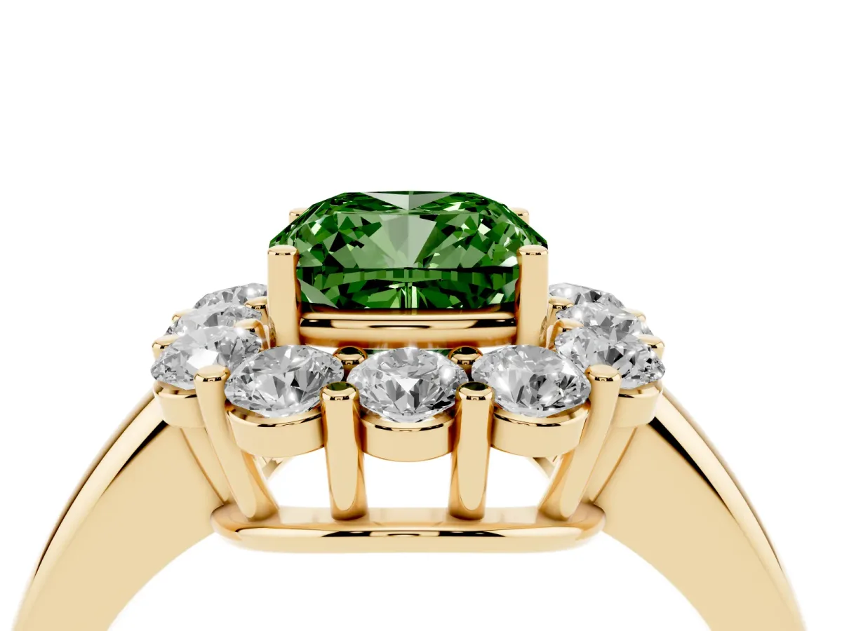 Fancy Green Cushion Cut Halo Cluster Diamond Engagement Ring with Prong Setting and Polished Band Yellow gold